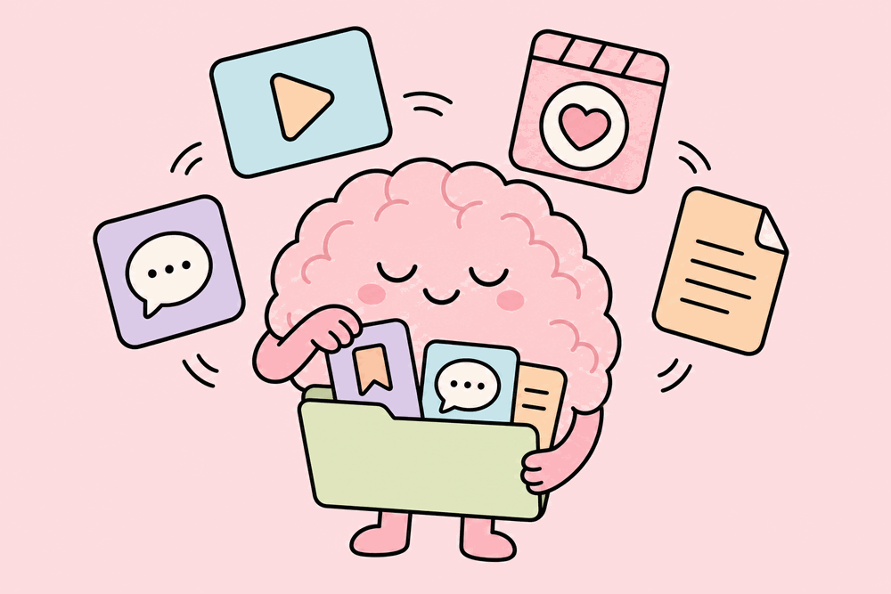 A friendly brain organizing saved reels, videos, chats and documents into one folder