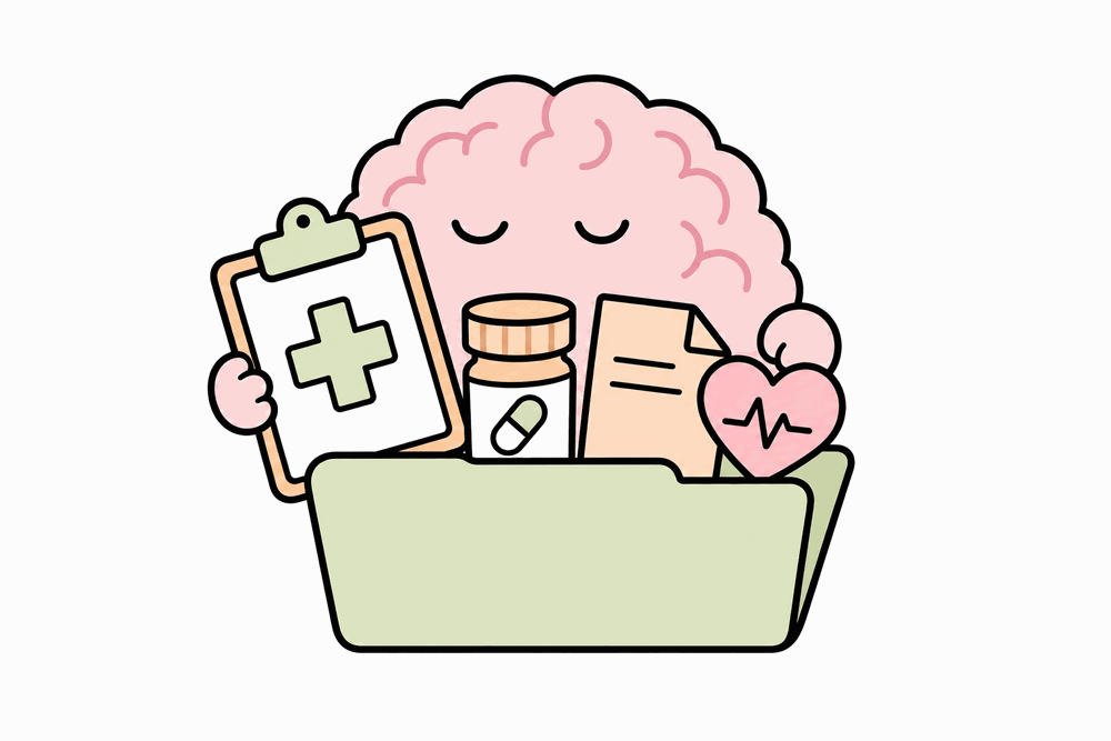 Organized medical records: prescriptions, bills and reports filed in one folder