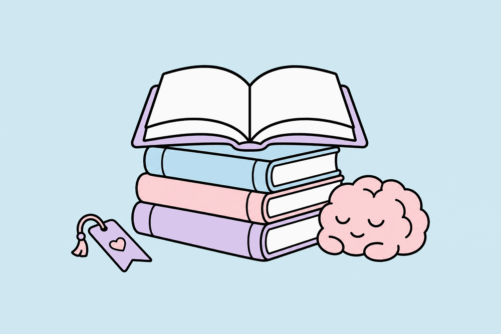 A stack of books with an open book and a cute brain — a daily reading habit