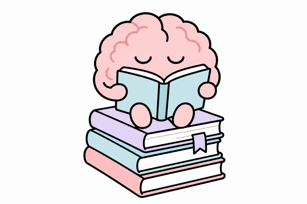 A stack of books with an open book and a cute brain, a daily reading habit